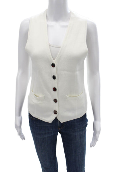 Minnie Rose Womens White V Neck Sleeveless Button Vest Cotton Acrylic Size M