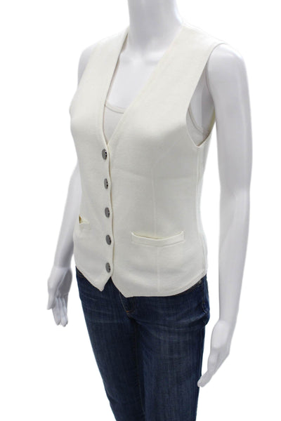Minnie Rose Womens White V Neck Sleeveless Button Vest Cotton Acrylic Size M