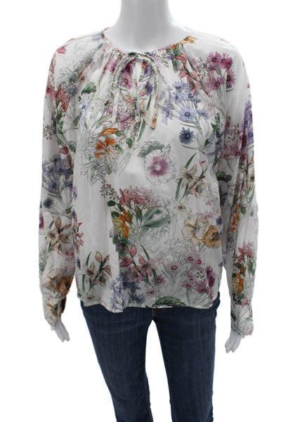 Fifteen Twenty Women White Floral Long Sleeve Cotton Blouse Drawstring Size XS