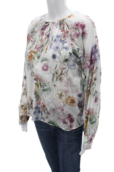 Fifteen Twenty Women White Floral Long Sleeve Cotton Blouse Drawstring Size XS