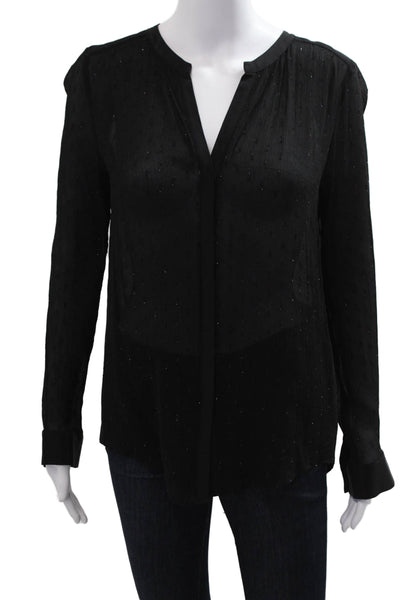 Rebecca Taylor Women Black Metallic Silk V-Neck Long Sleeve Blouse Size 10
