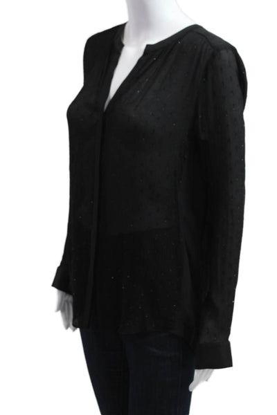 Rebecca Taylor Women Black Metallic Silk V-Neck Long Sleeve Blouse Size 10