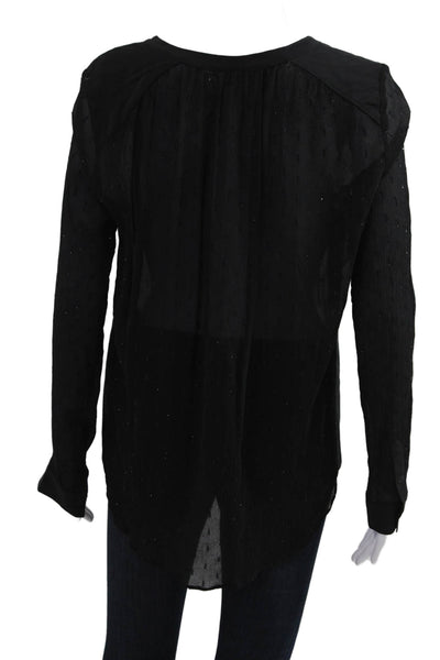 Rebecca Taylor Women Black Metallic Silk V-Neck Long Sleeve Blouse Size 10