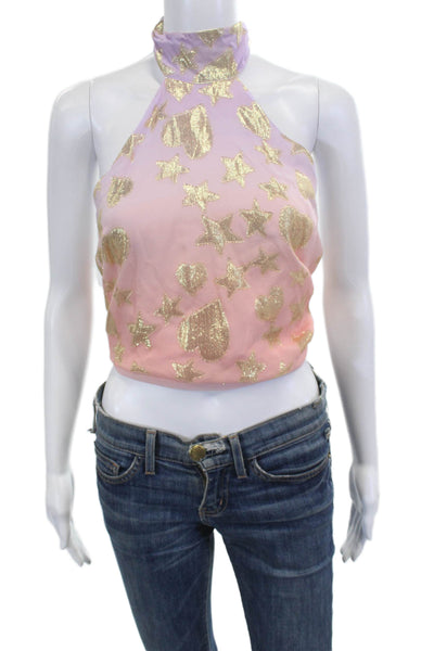 Love Shack Fancy Women Cropped Sleeveless High Neck Heart Pink Top Size XS