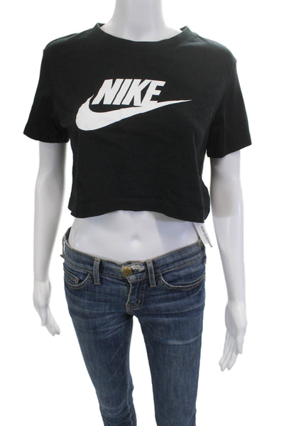 Nike Women Cropped Graphic Cotton T Shirt Black Short Sleeve Crew Neck Size XS