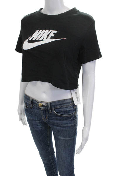 Nike Women Cropped Graphic Cotton T Shirt Black Short Sleeve Crew Neck Size XS