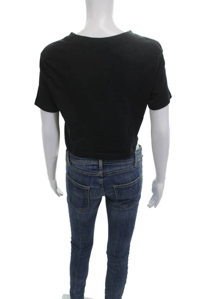 Nike Women Cropped Graphic Cotton T Shirt Black Short Sleeve Crew Neck Size XS