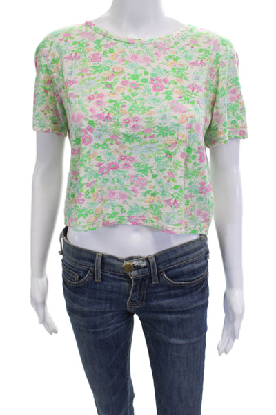 Love Shack Fancy Womens Cropped Floral Green Cotton TShirt Short Sleeve Size XS