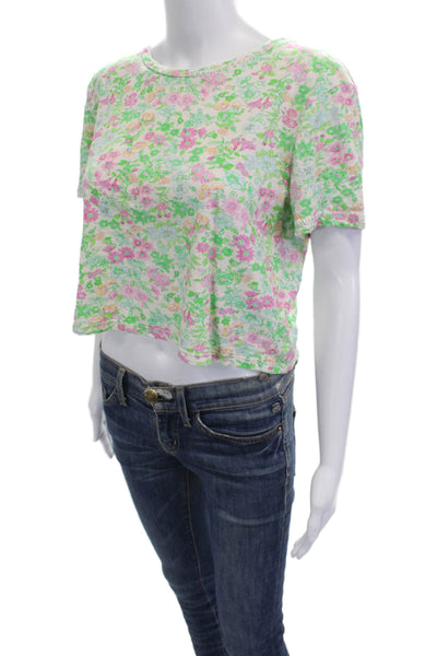 Love Shack Fancy Womens Cropped Floral Green Cotton TShirt Short Sleeve Size XS
