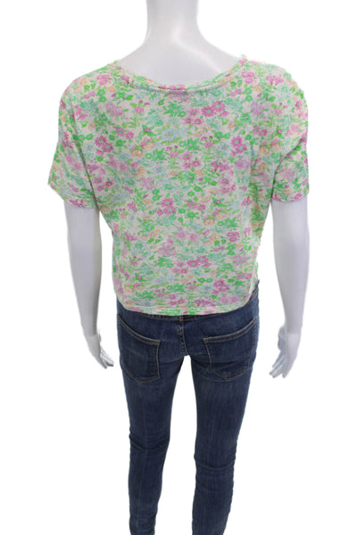 Love Shack Fancy Womens Cropped Floral Green Cotton TShirt Short Sleeve Size XS