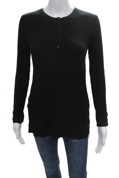 ATM Women Basic Button-Up Top Black Long Sleeve Crew Neck Micromodal Size L