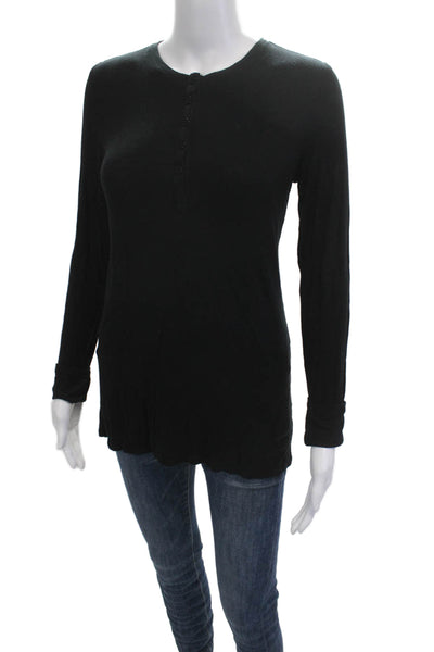 ATM Women Basic Button-Up Top Black Long Sleeve Crew Neck Micromodal Size L