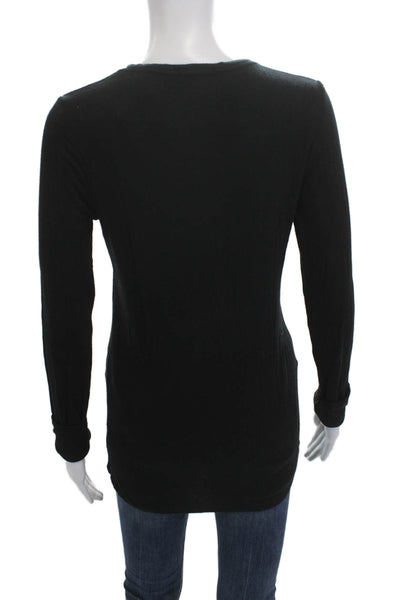 ATM Women Basic Button-Up Top Black Long Sleeve Crew Neck Micromodal Size L