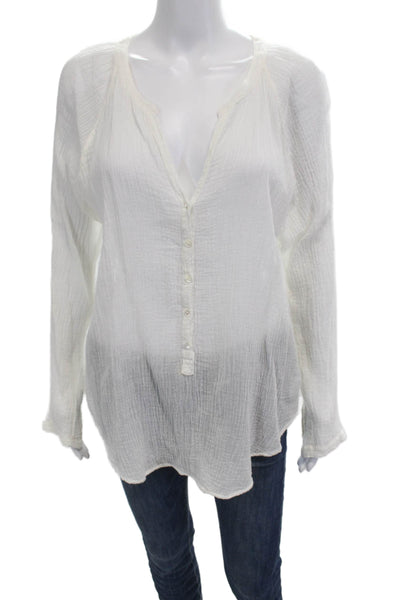 Xirena Womens Tunic Blouse White V-Neck Button Up Cotton Long Sleeve Size M