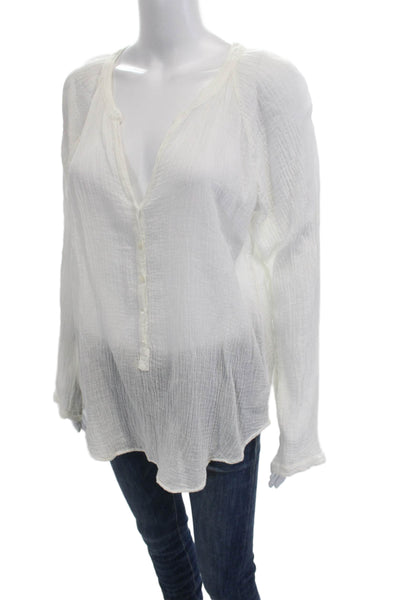 Xirena Womens Tunic Blouse White V-Neck Button Up Cotton Long Sleeve Size M