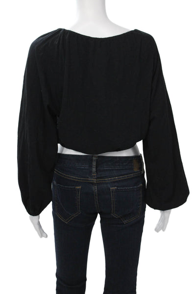 Sundry Women Cropped Black Blouse Long Sleeve Round Neck Bohemian Size 1