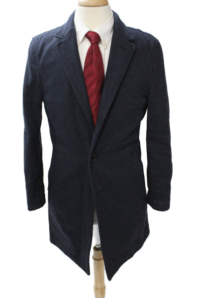 Club Monaco Mens Overcoat Dark Blue Collared Button Solid Size 36