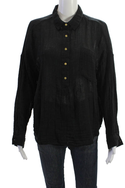 Sundays Womens Button-Up Blouse Black Collared Long Sleeve 100% Cotton Size 0