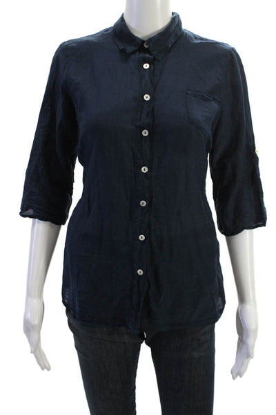 Splendid Womens Collared Dark Blue Cotton Silk Button-Up Top 3/4 Sleeve Size M