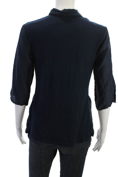 Splendid Womens Collared Dark Blue Cotton Silk Button-Up Top 3/4 Sleeve Size M