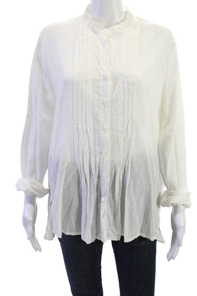 Enza Costa Women White Cotton Tunic Blouse High Neck Button Long Sleeve Size 3