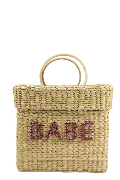 Poolside Womens Straw Woven Jeweled Tote Shoulder Handbag Beige Pink