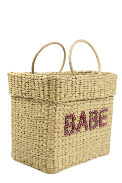Poolside Womens Straw Woven Jeweled Tote Shoulder Handbag Beige Pink