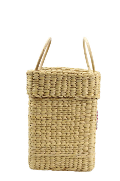 Poolside Womens Straw Woven Jeweled Tote Shoulder Handbag Beige Pink