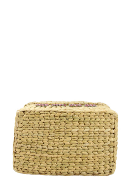 Poolside Womens Straw Woven Jeweled Tote Shoulder Handbag Beige Pink