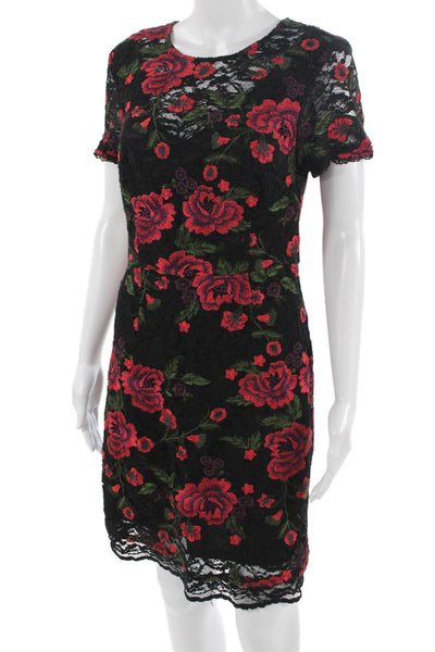 Trina Turk Women Sheath Dress Black Floral Short Sleeve Zip Size 6