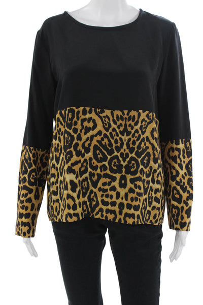 Intermix Women Black Leopard Silk Long Sleeve Round Neck Blouse Size PP