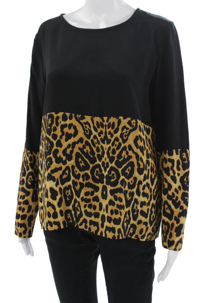 Intermix Women Black Leopard Silk Long Sleeve Round Neck Blouse Size PP