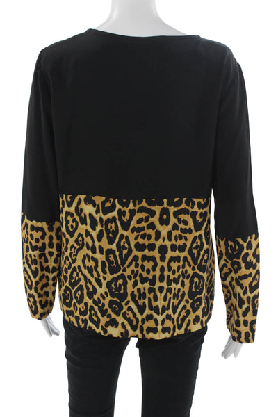 Intermix Women Black Leopard Silk Long Sleeve Round Neck Blouse Size PP