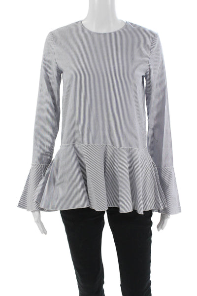 Theory Womens Striped Cotton Button Front Round Neck Blouse Long Sleeve Size PP