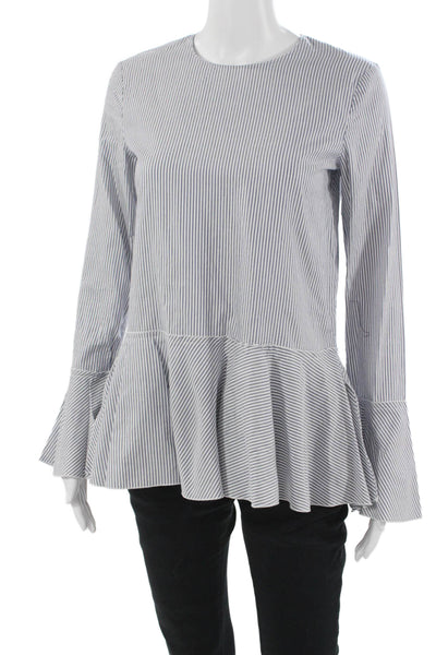 Theory Womens Striped Cotton Button Front Round Neck Blouse Long Sleeve Size PP