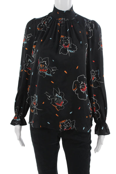 Tucker Womens Black Floral Silk Stretch Mock Neck Long Sleeve Blouse Size XS