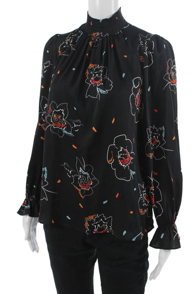 Tucker Womens Black Floral Silk Stretch Mock Neck Long Sleeve Blouse Size XS