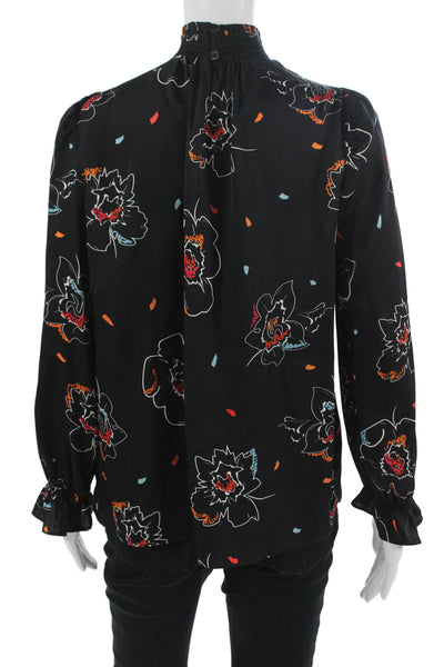 Tucker Womens Black Floral Silk Stretch Mock Neck Long Sleeve Blouse Size XS
