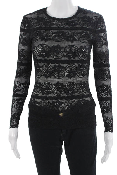 Lover Women Black Floral Crew Neck Long Sleeve Top Gothic Size 2