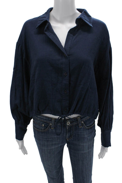 Drew Women Cropped Button-Up Blouse Dark Blue Long Sleeve Size S