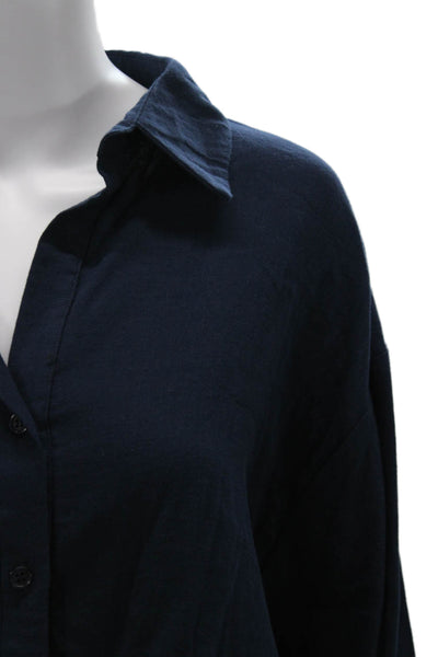 Drew Women Cropped Button-Up Blouse Dark Blue Long Sleeve Size S