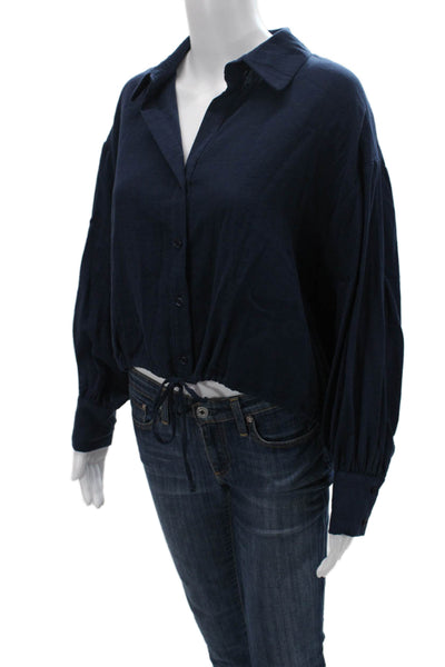 Drew Women Cropped Button-Up Blouse Dark Blue Long Sleeve Size S