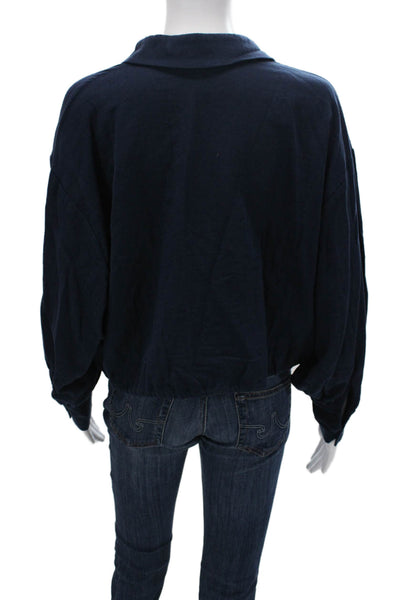 Drew Women Cropped Button-Up Blouse Dark Blue Long Sleeve Size S