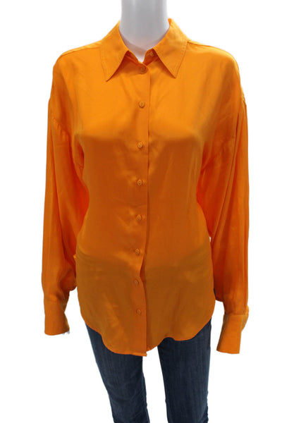 Gold Hawk Women Orange 100% Silk Collared Button Up Blouse Long Sleeve Size XS