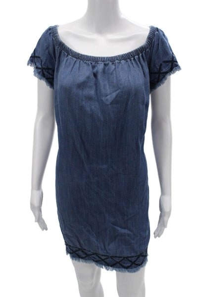 Bella Dahl Women Shirt Dress Blue Tencel Geometric Short Sleeve Size L