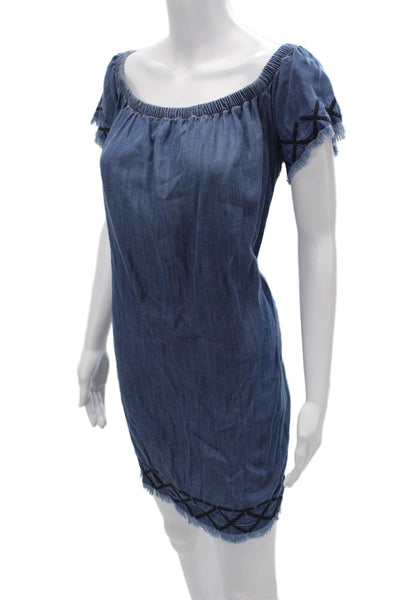 Bella Dahl Women Shirt Dress Blue Tencel Geometric Short Sleeve Size L