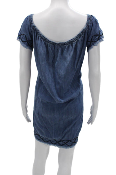 Bella Dahl Women Shirt Dress Blue Tencel Geometric Short Sleeve Size L