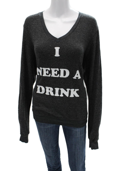 Wildfox Unisex V-Neck Graphic Pullover Sweater Dark Gray Long Sleeve Size M