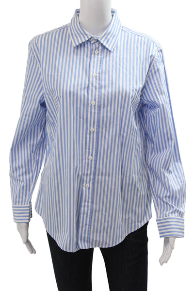 Zara Womens Blue Striped Collared Button-Up Long Sleeve Basic Top Size L