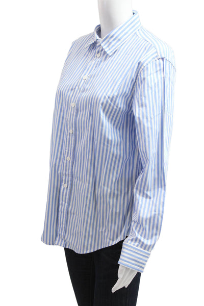 Zara Womens Blue Striped Collared Button-Up Long Sleeve Basic Top Size L